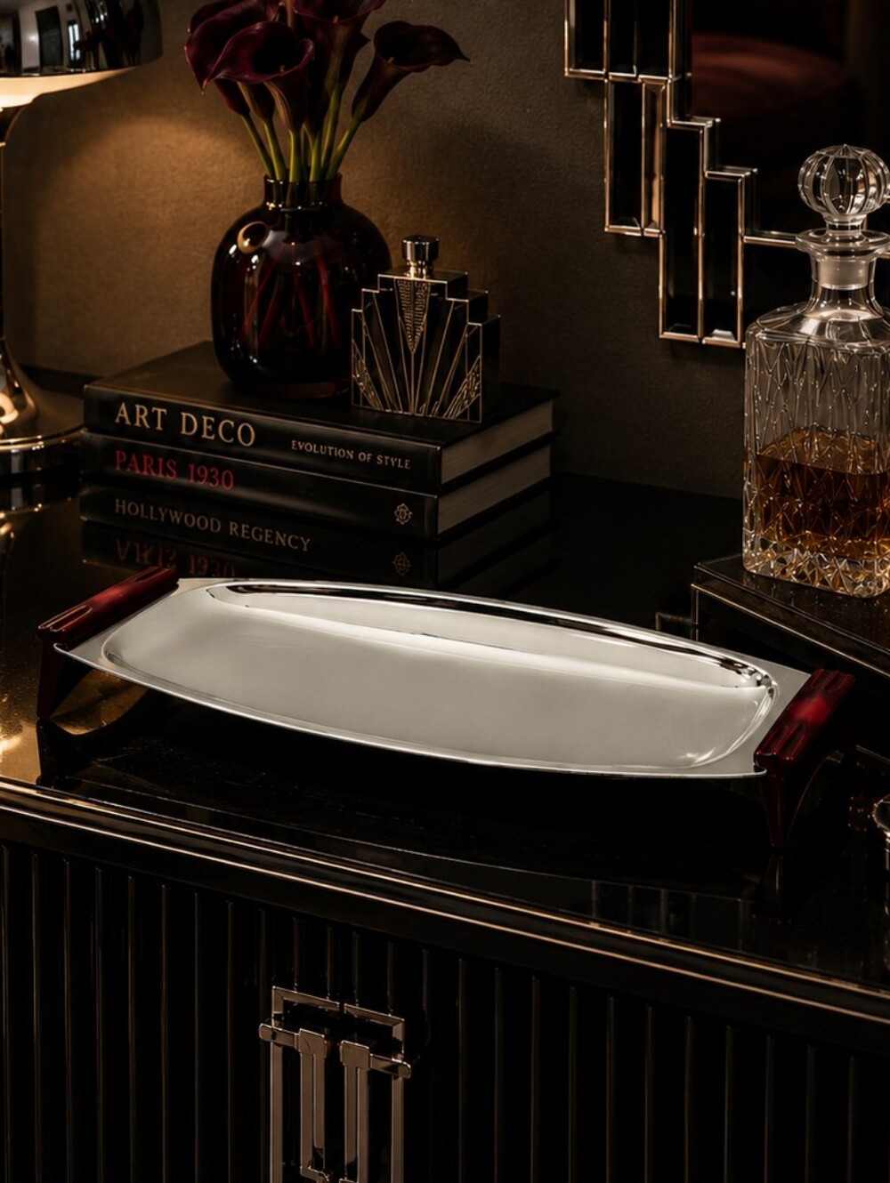 Vintage Art Deco Chrome Serving Tray Burgundy Lucite Handles MCM Barware